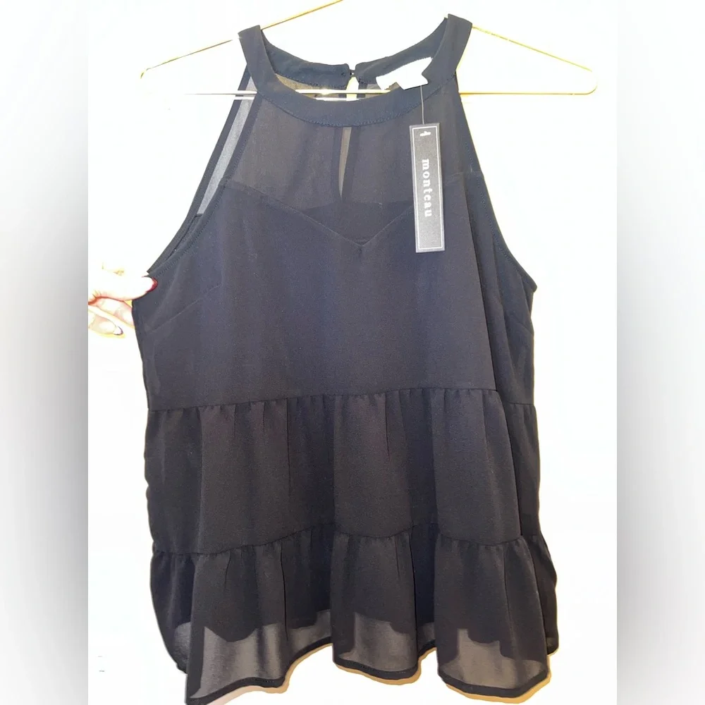 Monteau Black Tiered Chiffon Halter Tank Top Small NWT Sheer Back - Picture 5 of 6